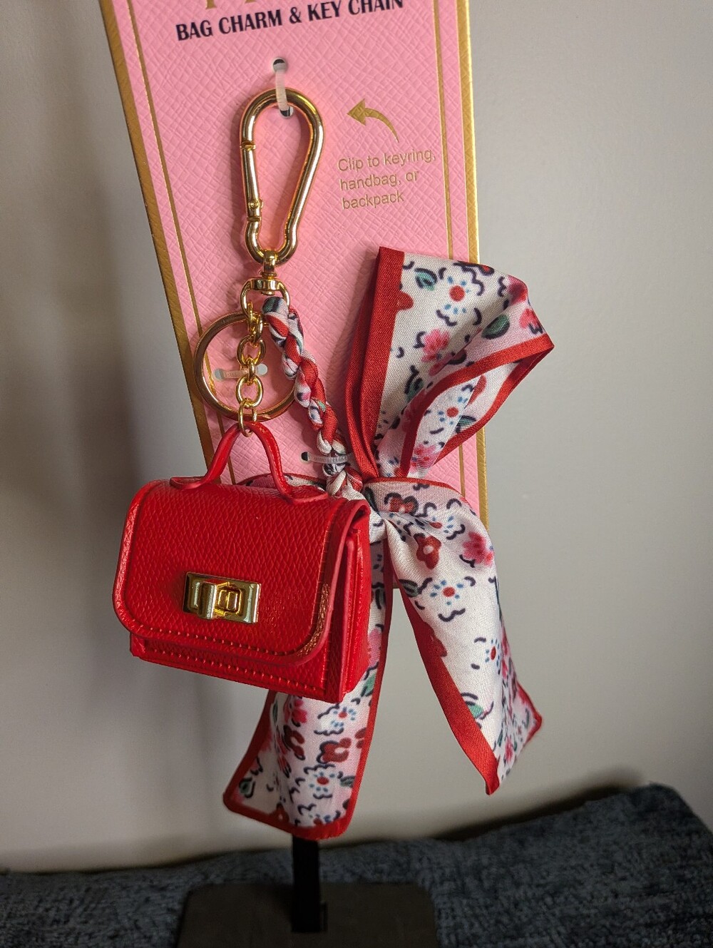 NWT Red Micro Purse Bag Charm & Key Chain with Floral Ribbon Twilly Scarf